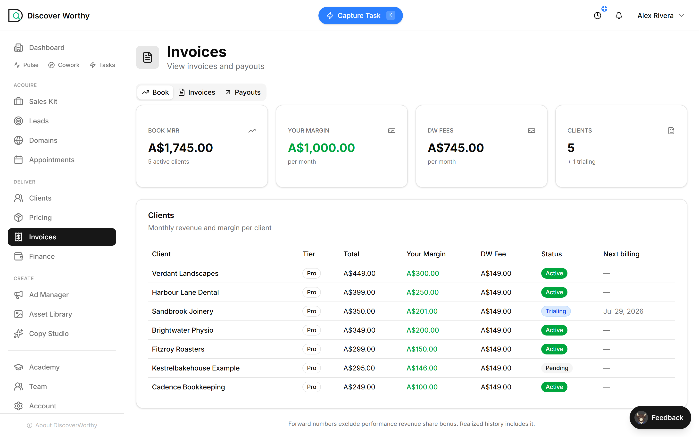 The per-client table — total, your margin, DW fee, status and next billing for each client.